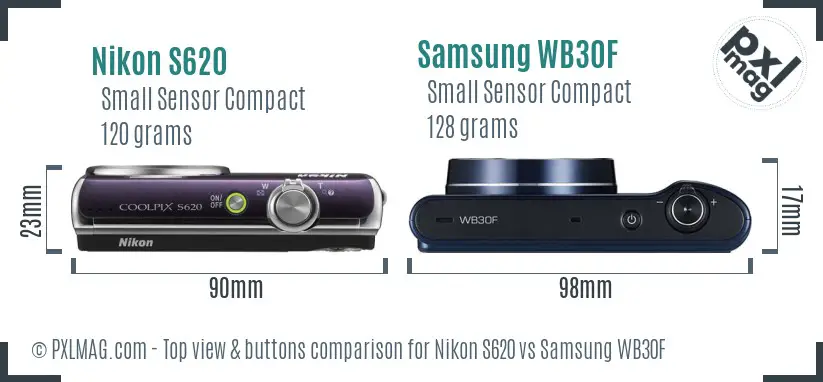 Nikon S620 vs Samsung WB30F top view buttons comparison Nikon S620 vs Samsung WB30F top view buttons comparison