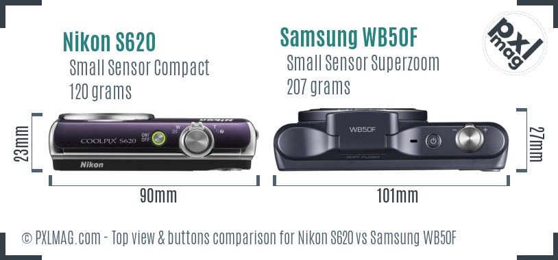 Nikon S620 vs Samsung WB50F top view buttons comparison