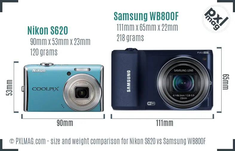 Nikon S620 vs Samsung WB800F size comparison