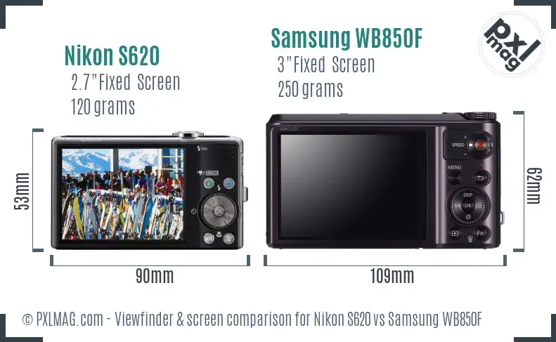 Nikon S620 vs Samsung WB850F Screen and Viewfinder comparison