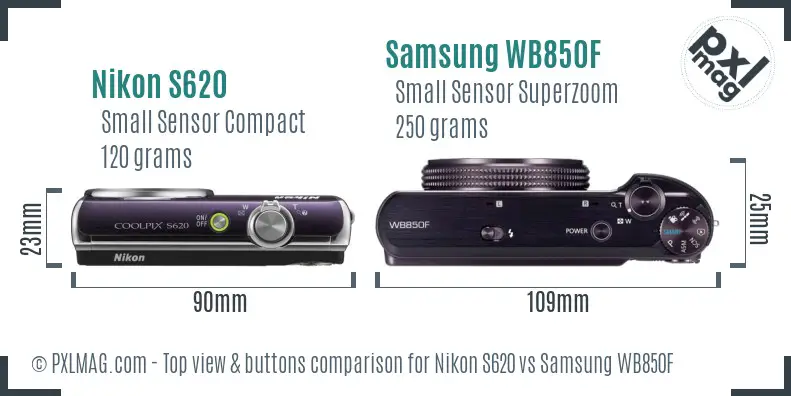 Nikon S620 vs Samsung WB850F top view buttons comparison