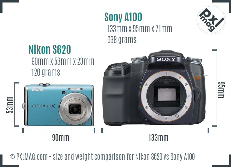 Nikon S620 vs Sony A100 size comparison