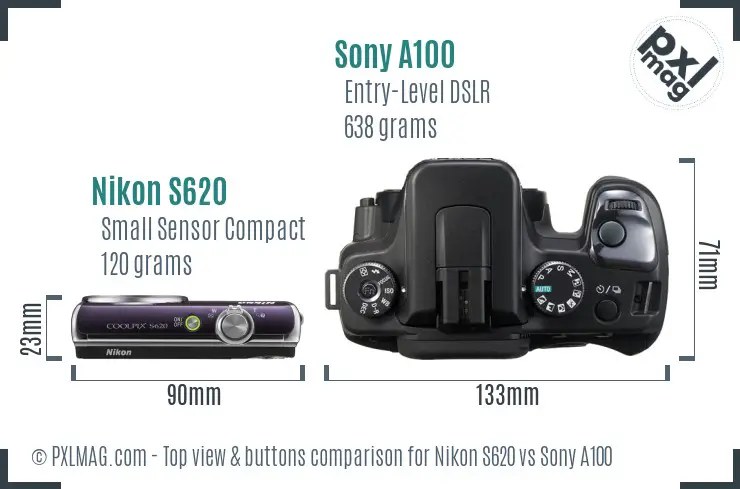 Nikon S620 vs Sony A100 top view buttons comparison