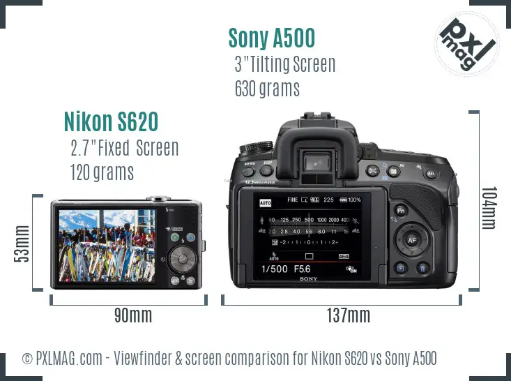 Nikon S620 vs Sony A500 Screen and Viewfinder comparison