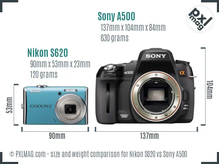 Nikon S620 vs Sony A500 size comparison
