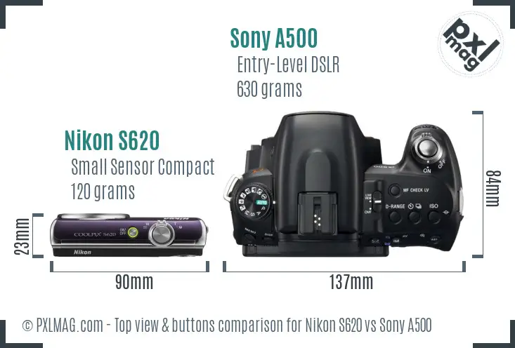 Nikon S620 vs Sony A500 top view buttons comparison