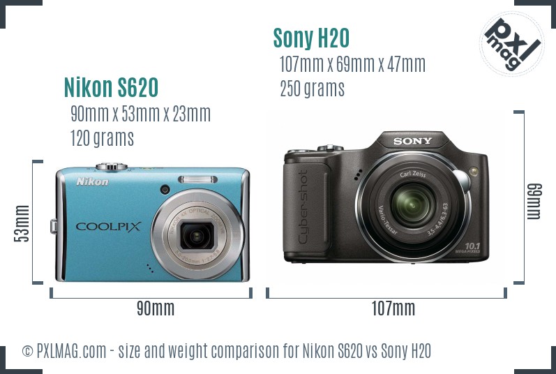 Nikon S620 vs Sony H20 size comparison