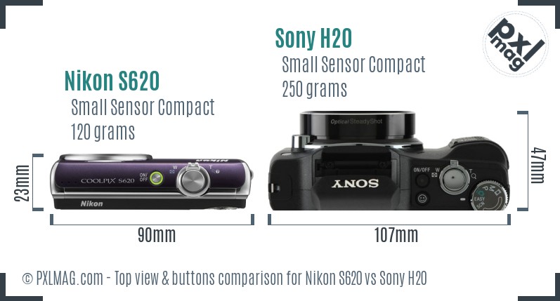 Nikon S620 vs Sony H20 top view buttons comparison
