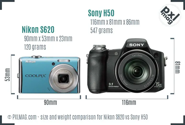 Nikon S620 vs Sony H50 size comparison
