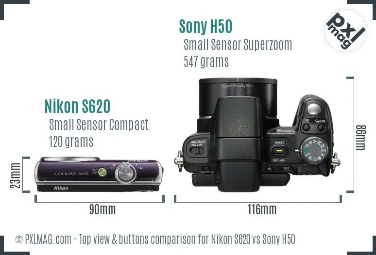 Nikon S620 vs Sony H50 top view buttons comparison