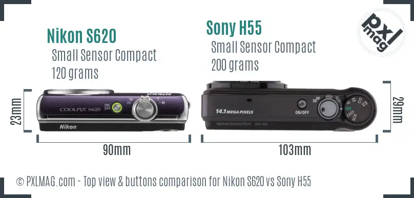Nikon S620 vs Sony H55 top view buttons comparison