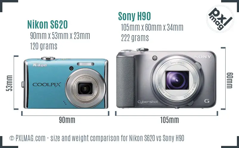 Nikon S620 vs Sony H90 size comparison