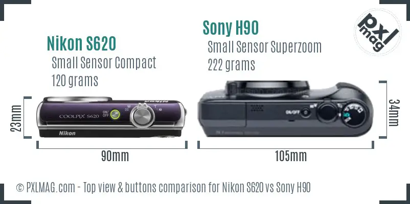 Nikon S620 vs Sony H90 top view buttons comparison