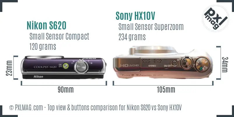 Nikon S620 vs Sony HX10V top view buttons comparison Nikon S620 vs Sony HX10V top view buttons comparison