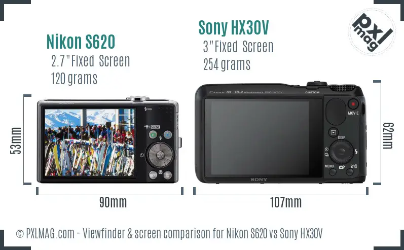 Nikon S620 vs Sony HX30V Screen and Viewfinder comparison