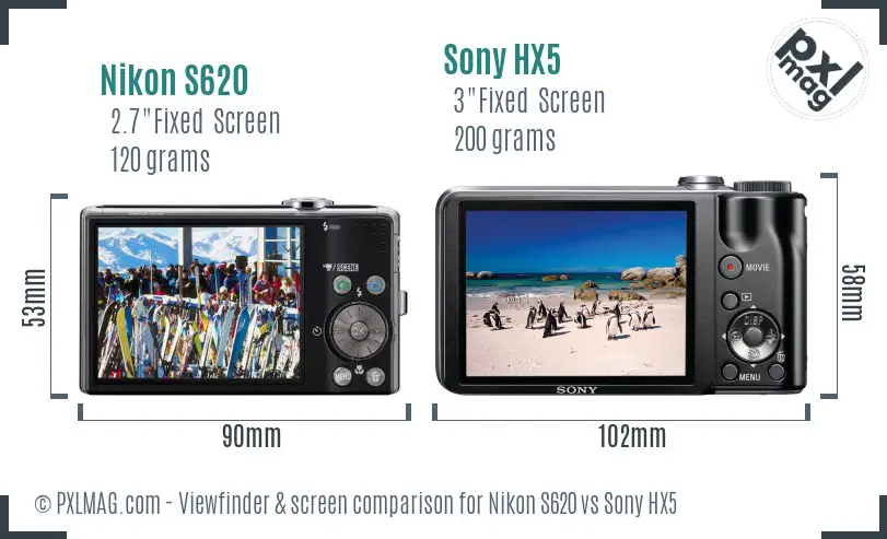 Nikon S620 vs Sony HX5 Screen and Viewfinder comparison