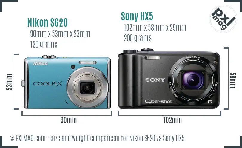 Nikon S620 vs Sony HX5 size comparison