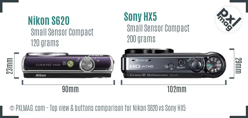 Nikon S620 vs Sony HX5 top view buttons comparison