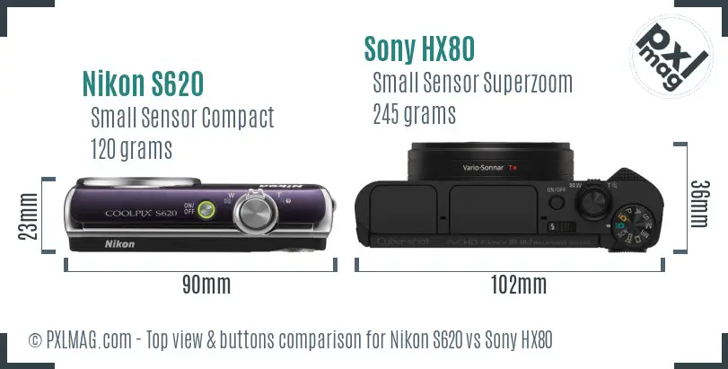 Nikon S620 vs Sony HX80 top view buttons comparison