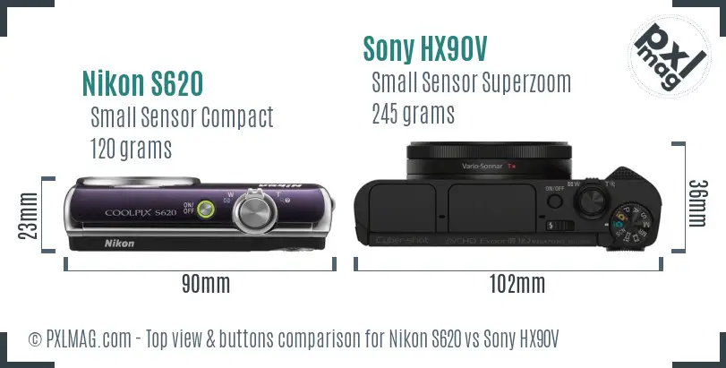 Nikon S620 vs Sony HX90V top view buttons comparison Nikon S620 vs Sony HX90V top view buttons comparison