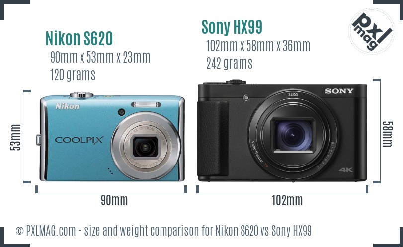 Nikon S620 vs Sony HX99 size comparison