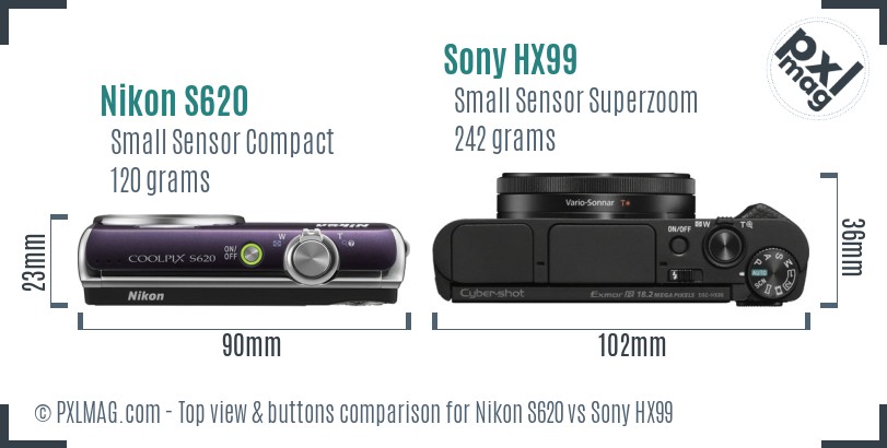 Nikon S620 vs Sony HX99 top view buttons comparison