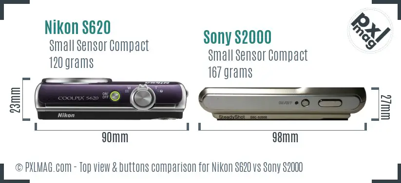 Nikon S620 vs Sony S2000 top view buttons comparison Nikon S620 vs Sony S2000 top view buttons comparison