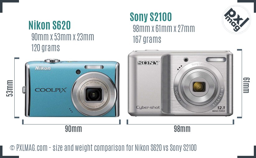 Nikon S620 vs Sony S2100 size comparison