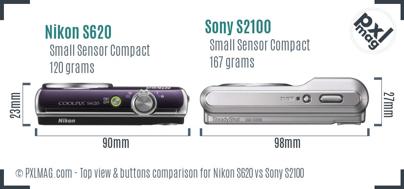 Nikon S620 vs Sony S2100 top view buttons comparison