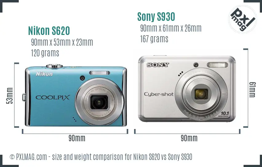 Nikon S620 vs Sony S930 size comparison