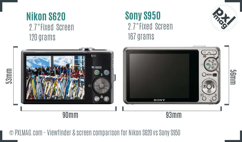 Nikon S620 vs Sony S950 Screen and Viewfinder comparison