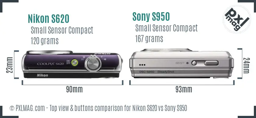 Nikon S620 vs Sony S950 top view buttons comparison