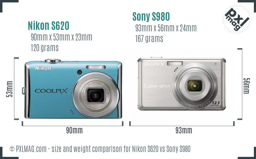 Nikon S620 vs Sony S980 size comparison
