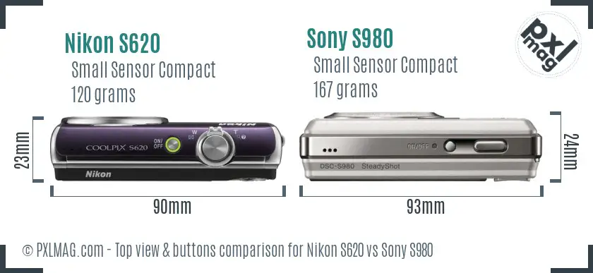 Nikon S620 vs Sony S980 top view buttons comparison