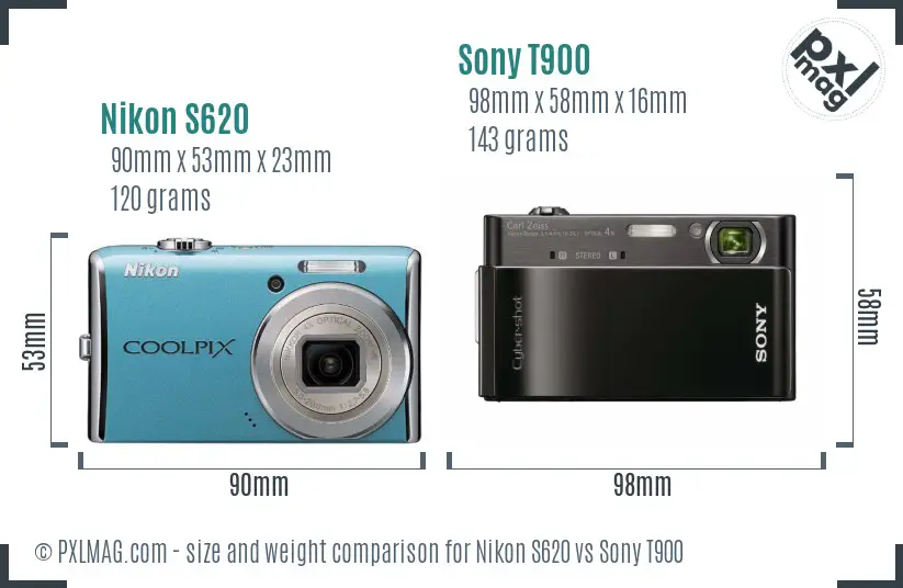 Nikon S620 vs Sony T900 size comparison