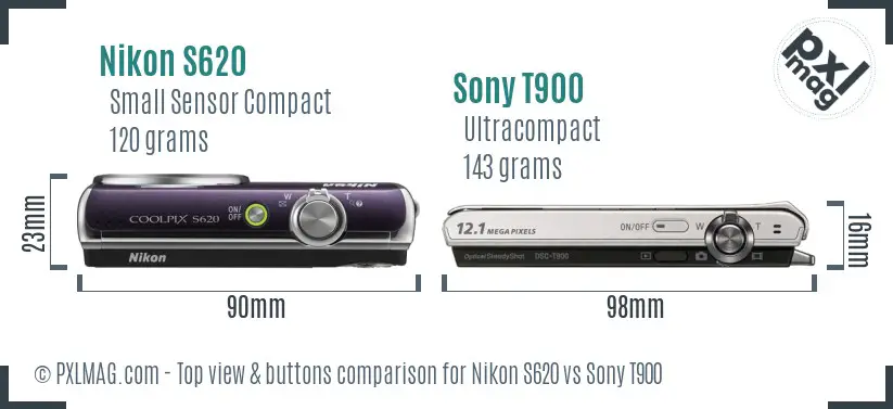 Nikon S620 vs Sony T900 top view buttons comparison