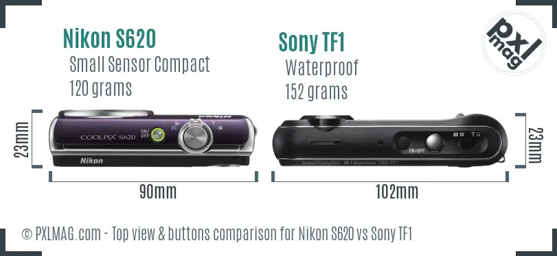 Nikon S620 vs Sony TF1 top view buttons comparison