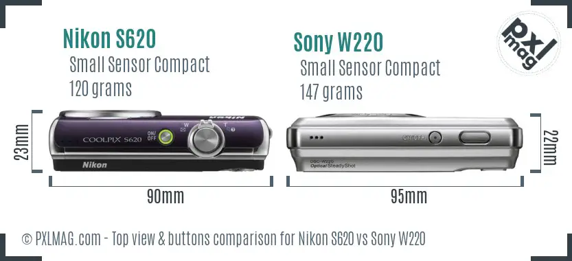Nikon S620 vs Sony W220 top view buttons comparison