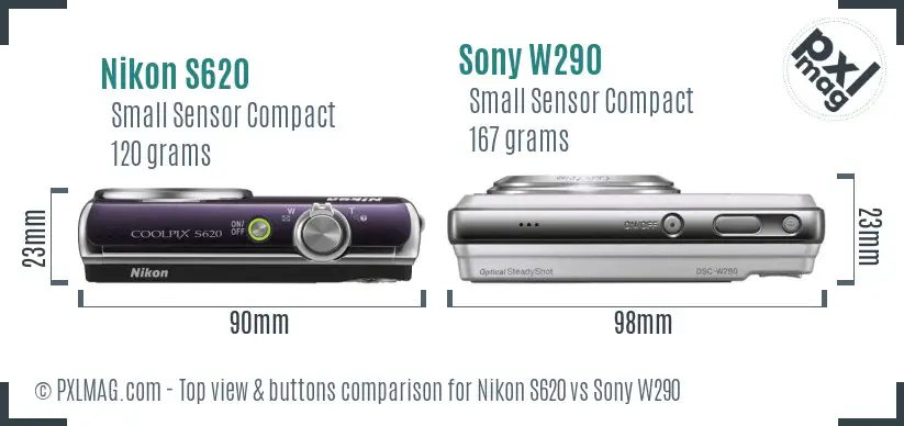 Nikon S620 vs Sony W290 top view buttons comparison Nikon S620 vs Sony W290 top view buttons comparison