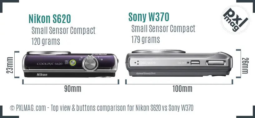 Nikon S620 vs Sony W370 top view buttons comparison Nikon S620 vs Sony W370 top view buttons comparison