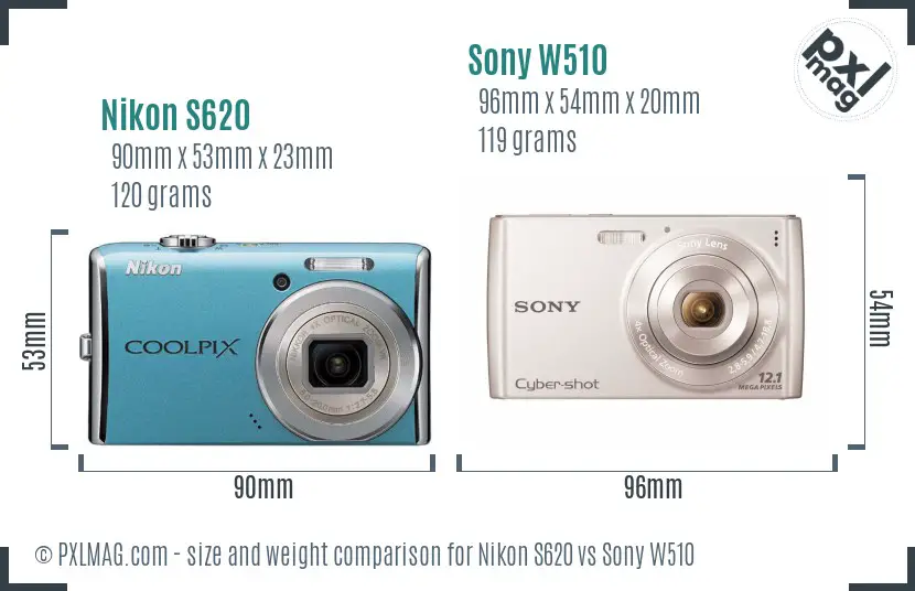 Nikon S620 vs Sony W510 size comparison