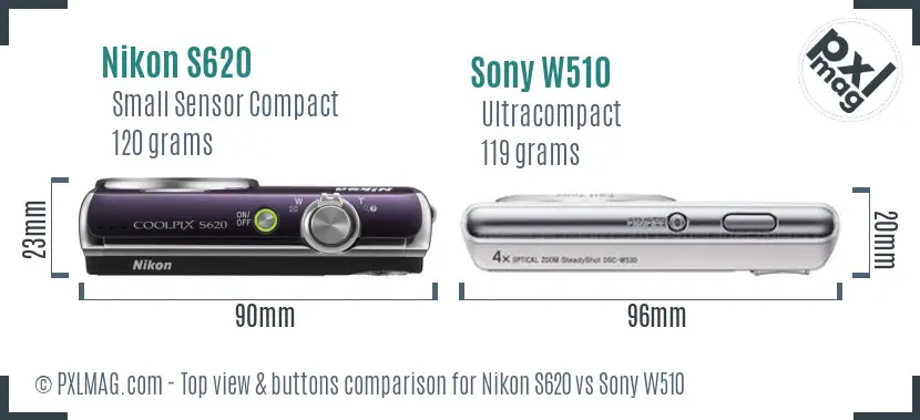 Nikon S620 vs Sony W510 top view buttons comparison