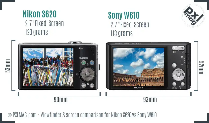 Nikon S620 vs Sony W610 Screen and Viewfinder comparison