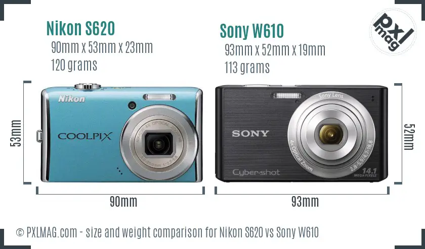 Nikon S620 vs Sony W610 size comparison