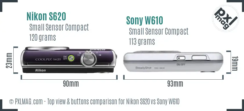 Nikon S620 vs Sony W610 top view buttons comparison