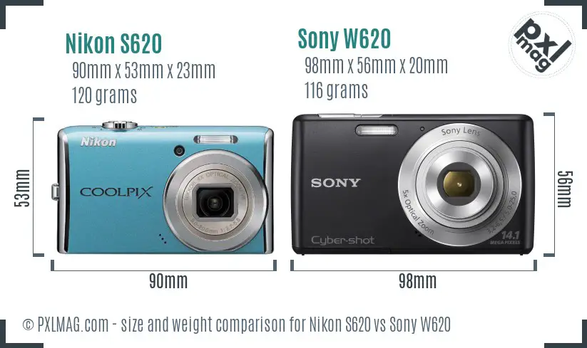 Nikon S620 vs Sony W620 size comparison