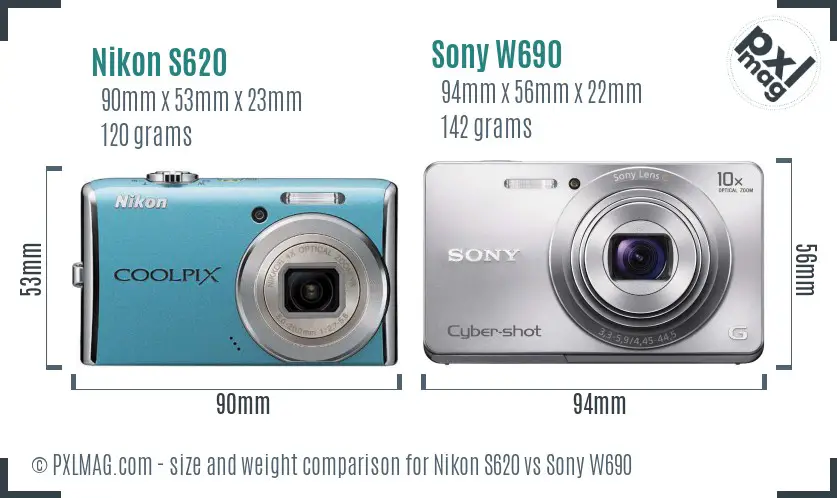 Nikon S620 vs Sony W690 size comparison