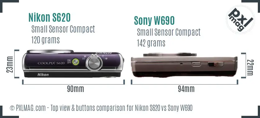 Nikon S620 vs Sony W690 top view buttons comparison