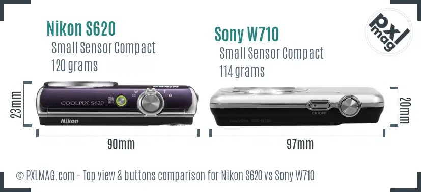Nikon S620 vs Sony W710 top view buttons comparison Nikon S620 vs Sony W710 top view buttons comparison