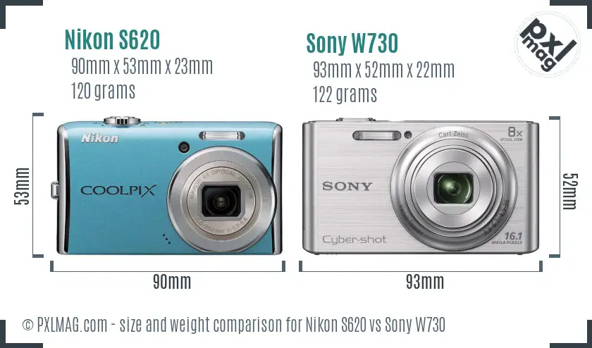 Nikon S620 vs Sony W730 size comparison